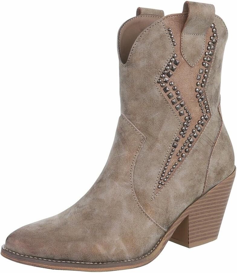 ZoeZo Design laarzen cowboylaarzen westernlaarzen enkellaarzen khaki beige imitatieleer suedine met rits hakhoogte subtiele studs
