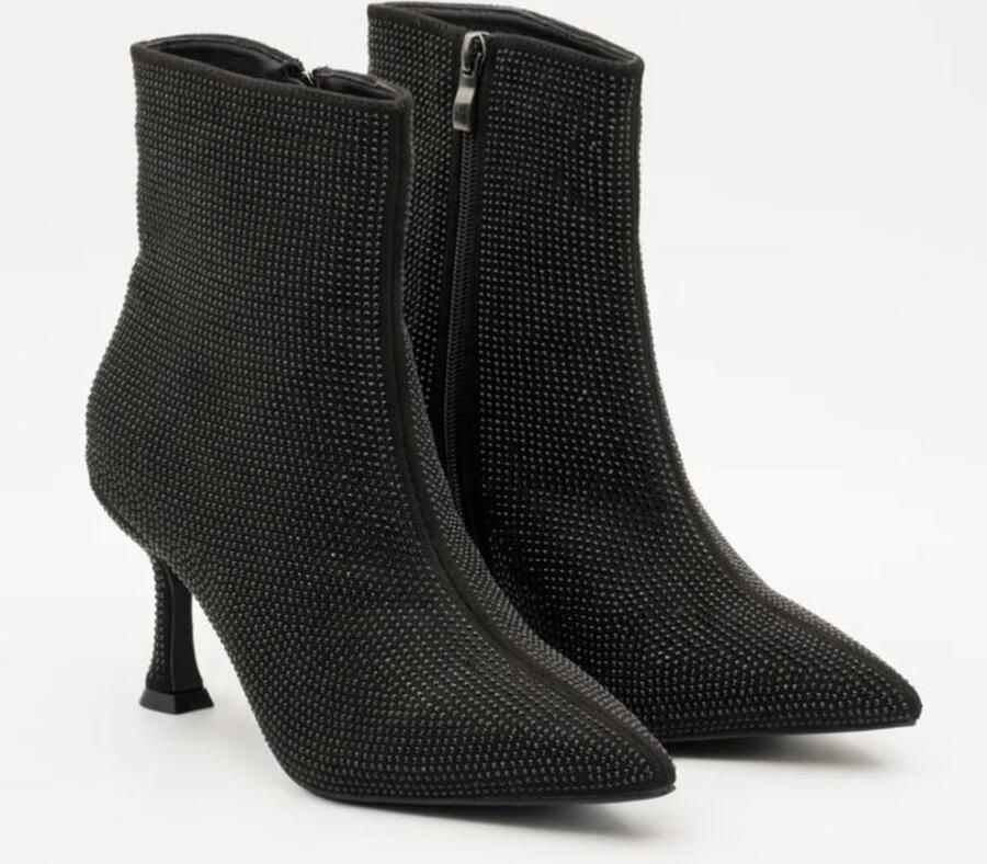 ZoeZo Design laarzen enkellaarzen korte laarsjes kittenheels kleine naaldhak zwart allover glitter hakhoogte suedine