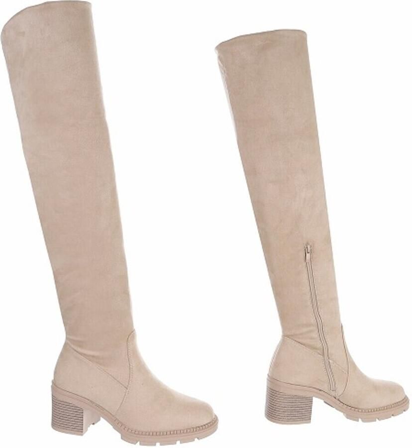 ZoeZo Design laarzen lange laarzen overknielaarzen stretch beige suedine met rits hakhoogte