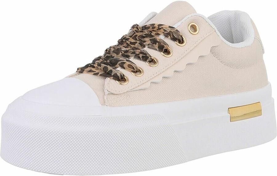 ZoeZo Design sneakers beige met extra veters panter zijde & gewone witte veters zoolhoogte 4 nieuwe collectie