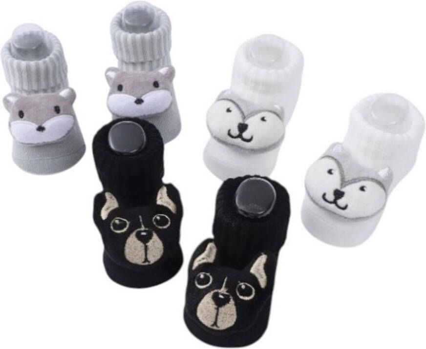 Zonder merk 3 Paar Baby slofjes met Pluche Speelgoed Cartoon Design Baby's Grijs