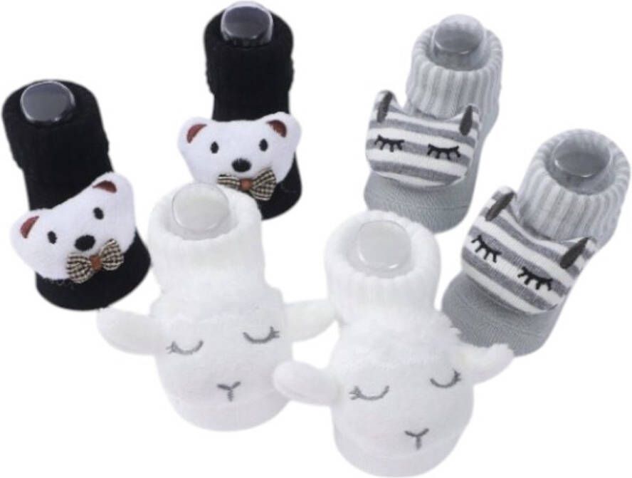 Zonder merk S&E 3 Paar Baby Sokken met Pluche Speelgoed Cartoon Design Baby's Grijs