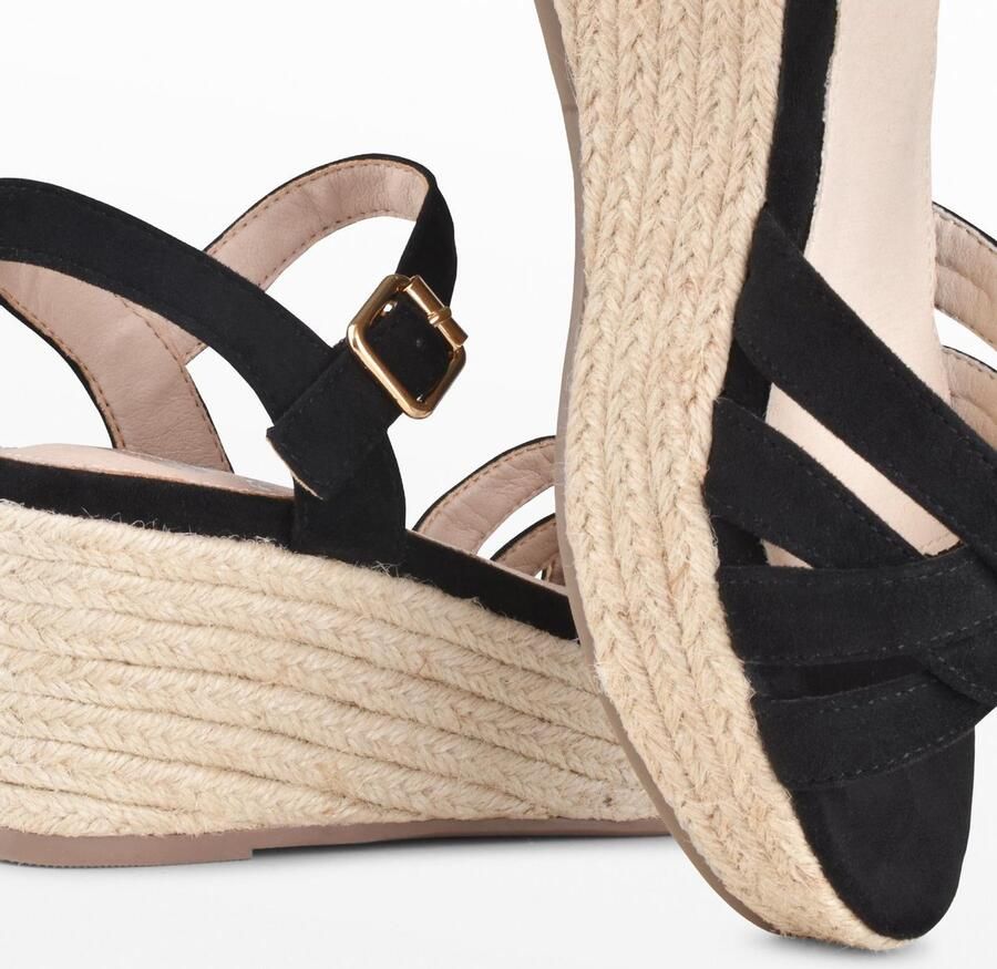 PS Poelman TULSI Dames Faux PU Imitatie Suède Leren Sandalen met Espadrille Sleehak Zool en Gevlochten Banden Zwart - Foto 2