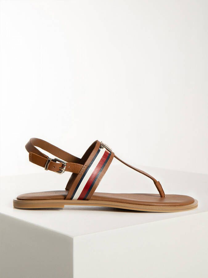 Tommy Hilfiger Teenslippers in bruin voor Dames Corporate Leather Flat Sandal
