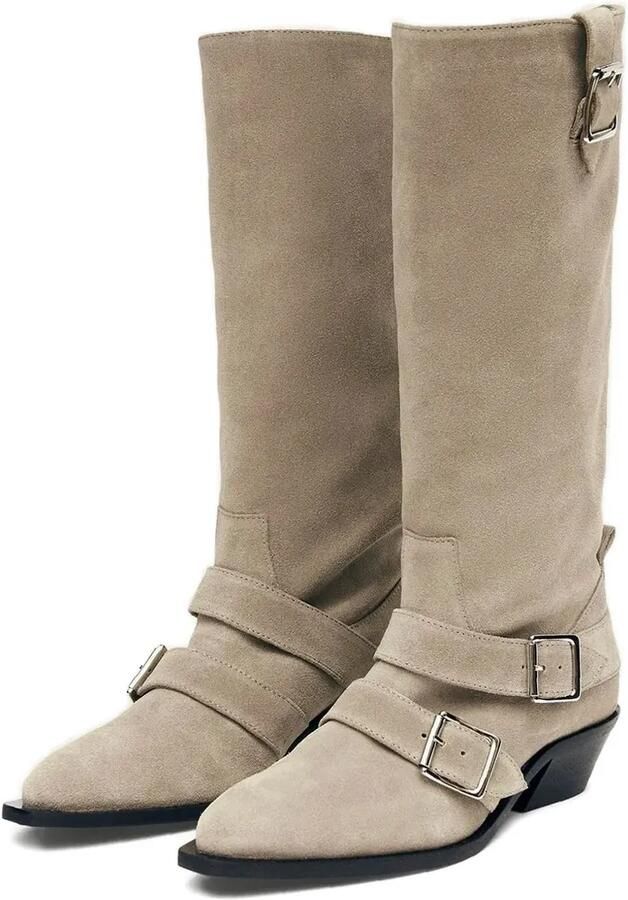ALOHAS 45 mm Ryder suède laarzen met gespdetail Beige