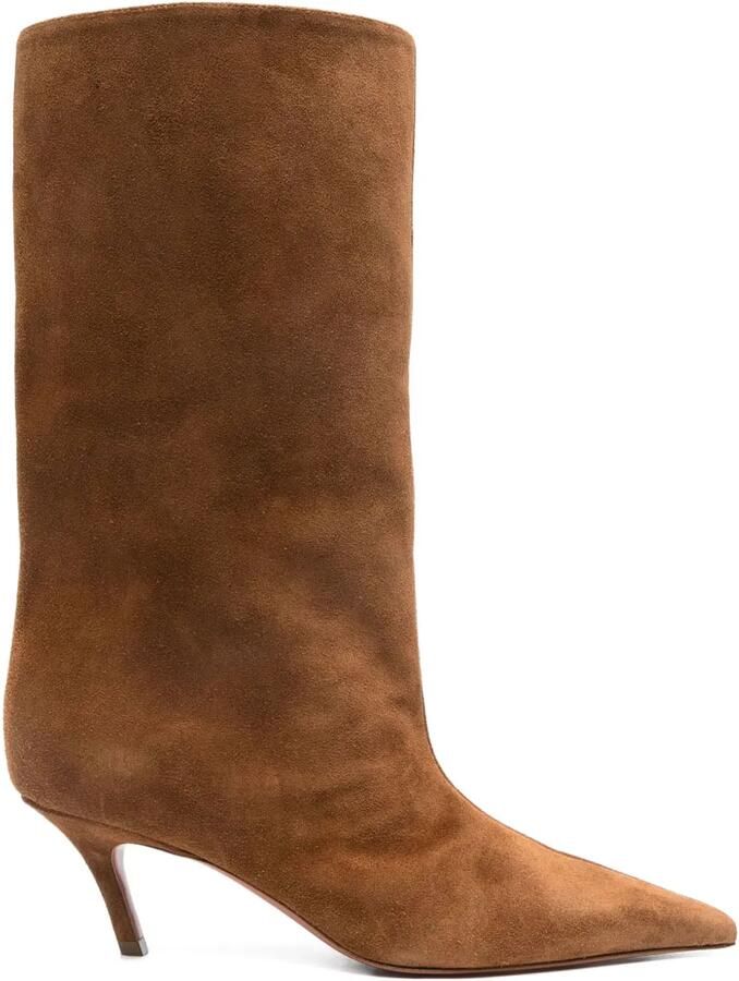 Amina Muaddi 60 mm Fiona suède knielaarzen met puntige neus Bruin