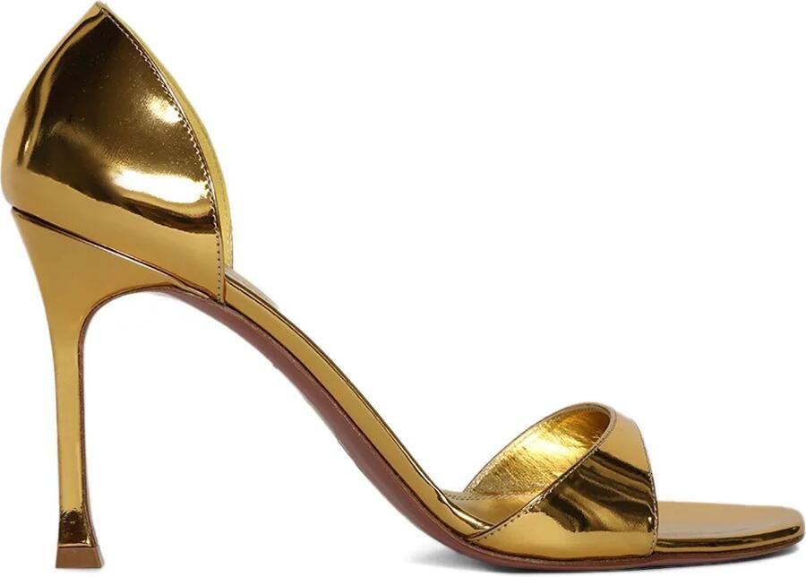 Amina Muaddi 95 mm Agnese metallic sandalen met open neus Goud
