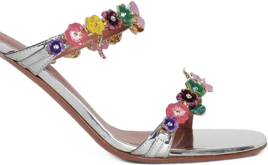 Amina Muaddi Vittoria slippersandalen met zilverkleurig spiegeleffect en bloemen - Foto 2