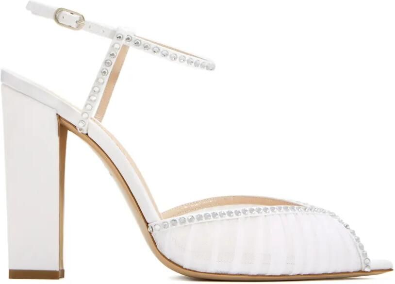 Andrea Wazen Katy sandalen met blokhak van stras Wit