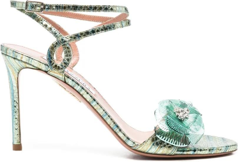 Aquazzura Sandalen met slangen-effekt en bloemapplicatie Groen