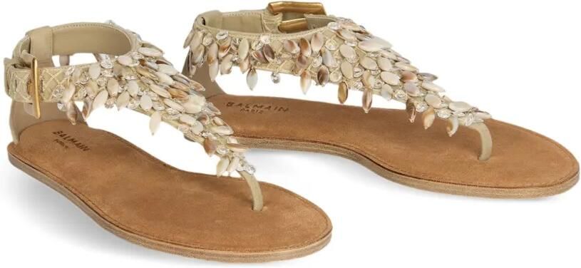 Balmain Platte katoenen en suède sandalen met kralen Beige - Foto 4