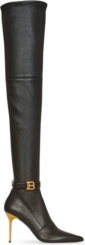 Balmain Stretch leather Raven thigh-high boots Black Dames