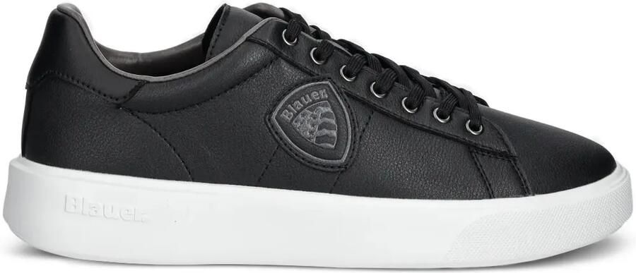Blauer Leren sneakers met logopatch Zwart
