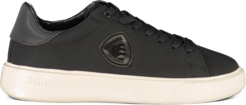 Blauer Leren sneakers met logopatch Zwart