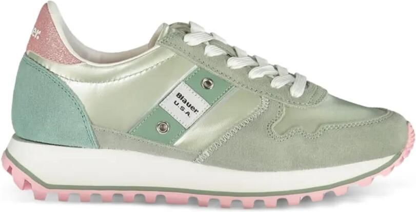 Blauer Satijnen sneakers met suède vlakken Groen