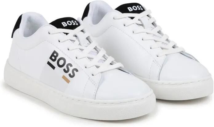 BOSS Kidswear Leren sneakers met logoprint Wit