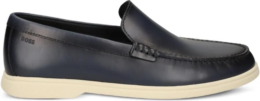 BOSS Leren mocassins met logo-reliëf Blauw