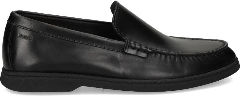 BOSS Leren mocassins met logo-reliëf Zwart