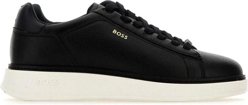 BOSS logo-detail grained leather sneakers Blauw