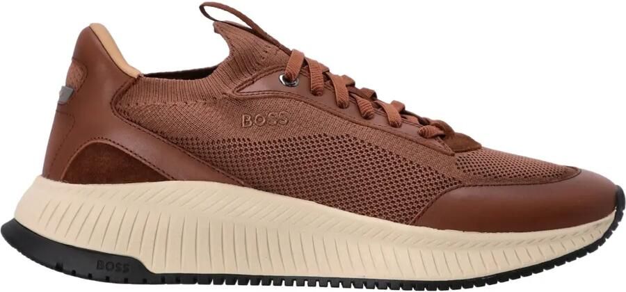 BOSS TTNM Evo sneakers met gebreide bovenkant en leren afwerking Bruin