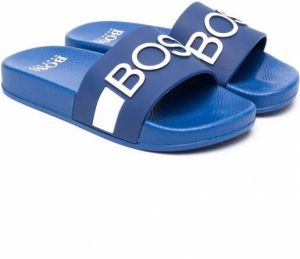 BOSS Kidswear Badslippers met logoprint Blauw