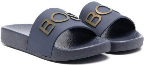 BOSS Kidswear Slippers met logoprint Blauw
