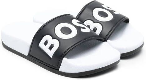 BOSS Kidswear Slippers met logoprint Zwart