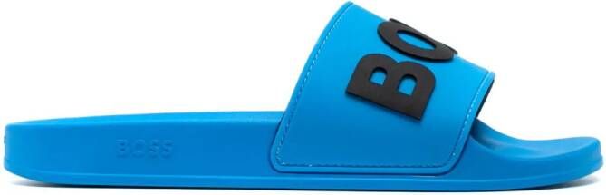 BOSS Badslippers met logo-reliëf Blauw