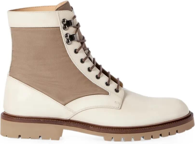 Brunello Cucinelli Gepolijste kalfsleren en katoenen laarzen Beige