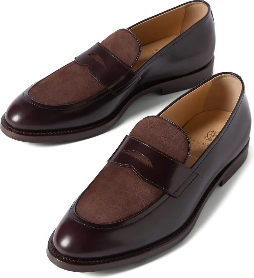 Brunello Cucinelli Gepolijste kalfsleren en suède penny loafers Bruin - Foto 2