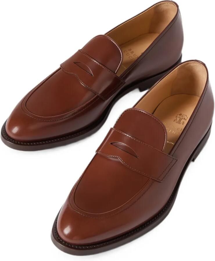 Brunello Cucinelli Gevlochten kalfsleren en gepolijste penny loafers Bruin - Foto 2