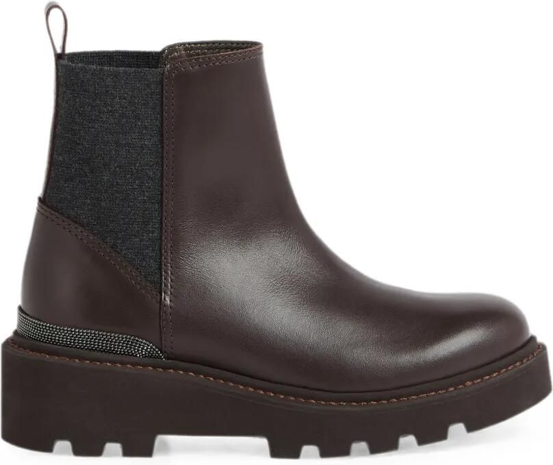 Brunello Cucinelli Kids Matte kalfsleren en stretch-sc wol Chelsea laarzen met Monili-verfraaiing Bruin