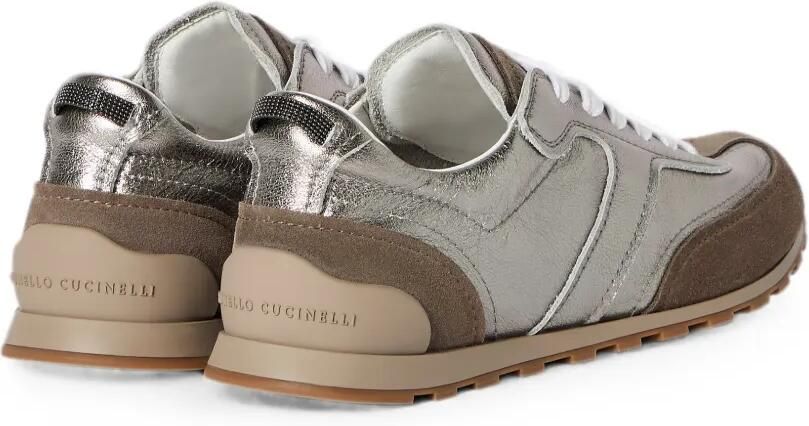 Brunello Cucinelli Lamé kalfsleren en suède snekaers met glanzende lus Zilver - Foto 5
