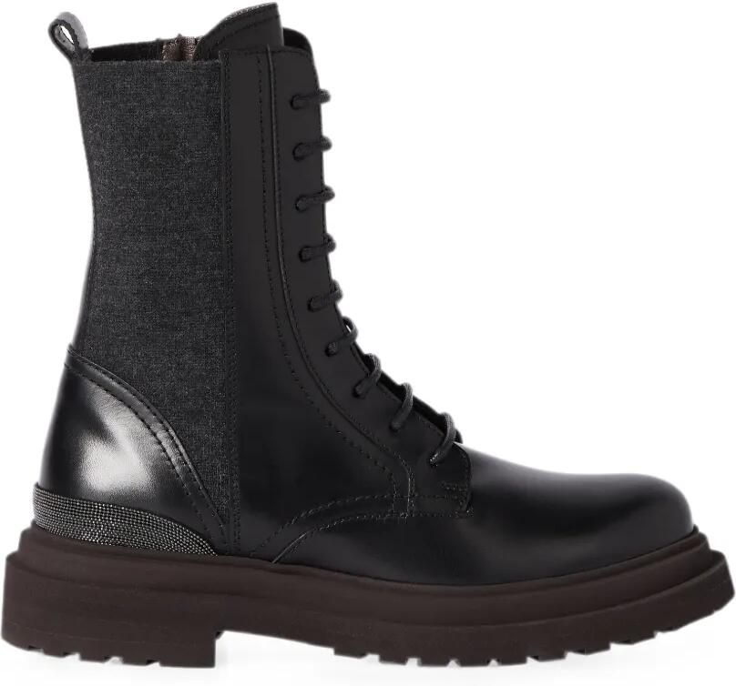 Brunello Cucinelli Matte kalfsleren en scheerwollen flanellen laarzen met kostbaar detail Zwart