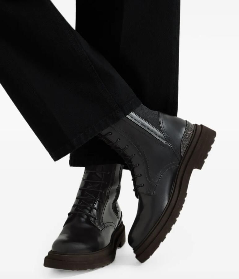 Brunello Cucinelli Matte kalfsleren en scheerwollen flanellen laarzen met kostbaar detail Zwart - Foto 3