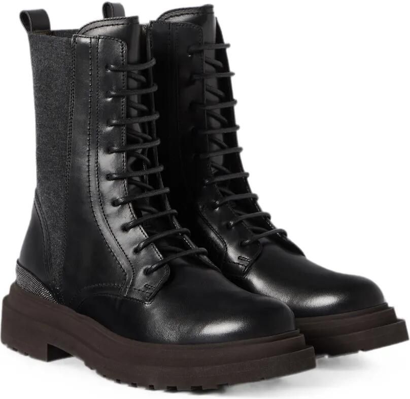 Brunello Cucinelli Matte kalfsleren en scheerwollen flanellen laarzen met kostbaar detail Zwart - Foto 5