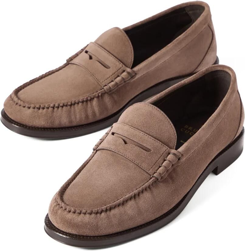 Brunello Cucinelli Suède en bewerkte kalfsleren penny loafers Bruin - Foto 2