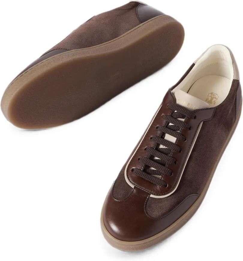 Brunello Cucinelli Suède en gepolijste kalfsleren sneakers Bruin - Foto 2