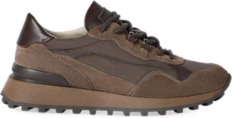 Brunello Cucinelli Suède en techno katoenen sneakers met glanzend detail Bruin