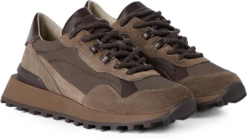 Brunello Cucinelli Suède en techno katoenen sneakers met glanzend detail Bruin - Foto 4