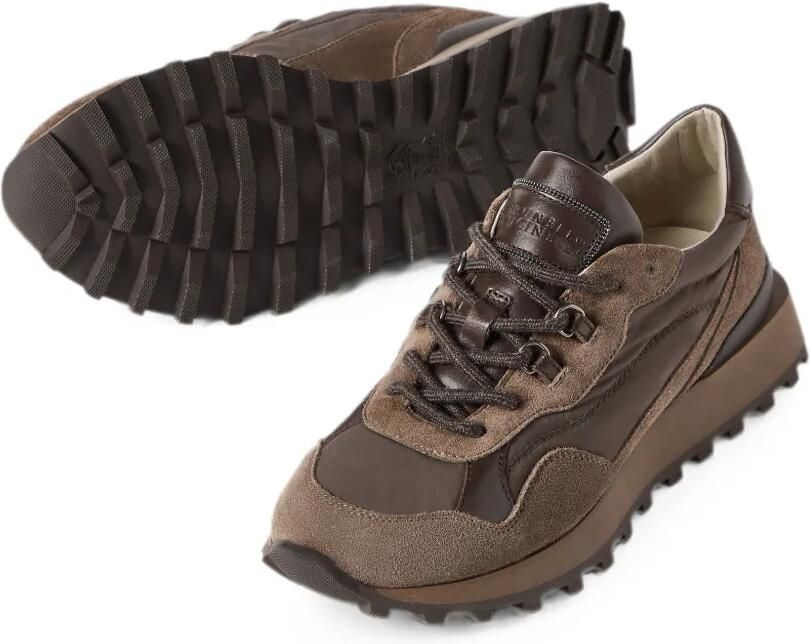 Brunello Cucinelli Suède en techno katoenen sneakers met glanzend detail Bruin - Foto 3
