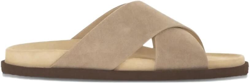 Brunello Cucinelli Suède slippers met gekruiste bandjes Beige