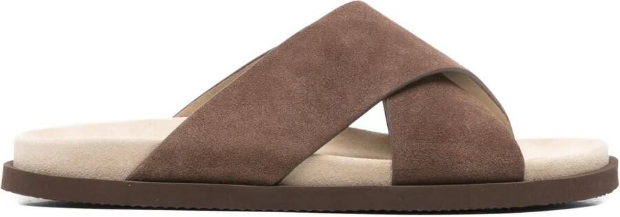 Brunello Cucinelli Suède slippers met gekruiste bandjes Bruin