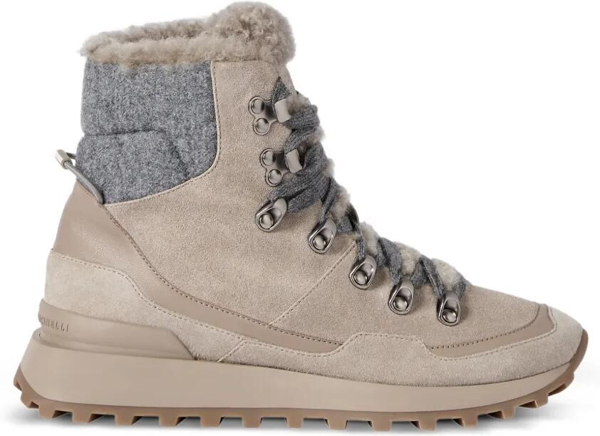Brunello Cucinelli Suède sneakers met gebreid inzetstuk en lammy voering Beige