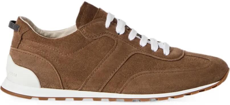 Brunello Cucinelli Suède sneakers met glanzende lussen Bruin