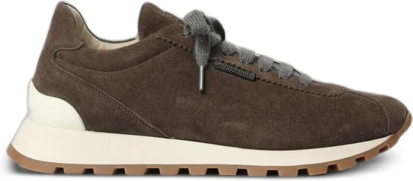 Brunello Cucinelli Suède sneakers met Monili-verfraaiing Bruin