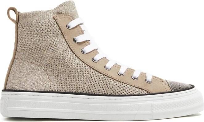 Brunello Cucinelli Metallic gebreide sneakers met monilikralen Beige