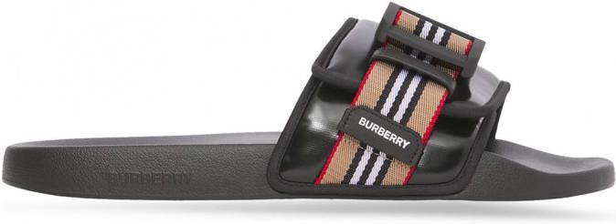 Burberry Icon Stripe slippers met gesp Zwart - Schoenen.nl