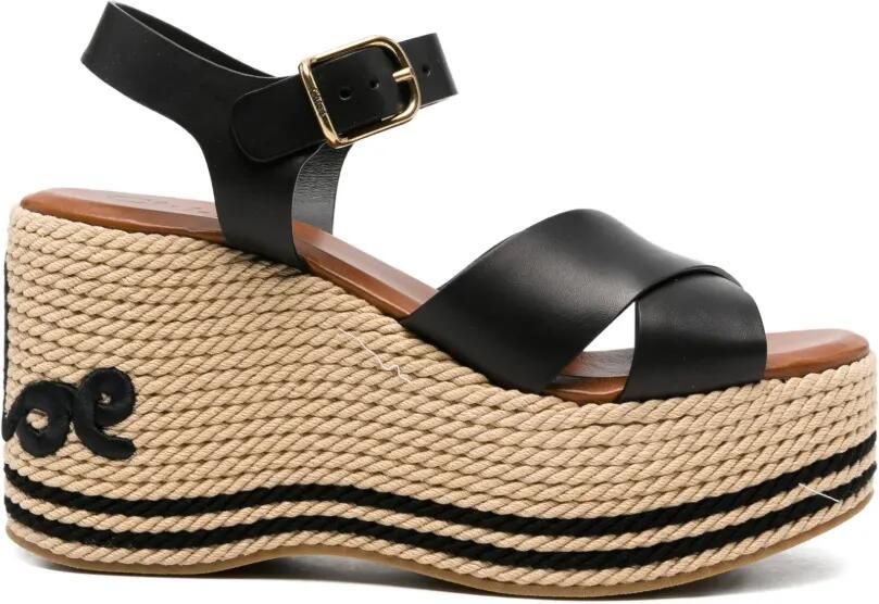 Chloé Sandalen met plateauzool sleehak en geborduurd logo Zwart