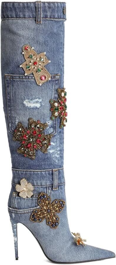 Dolce & Gabbana 105 mm denim laarzen met geborduurd patchwork Blauw